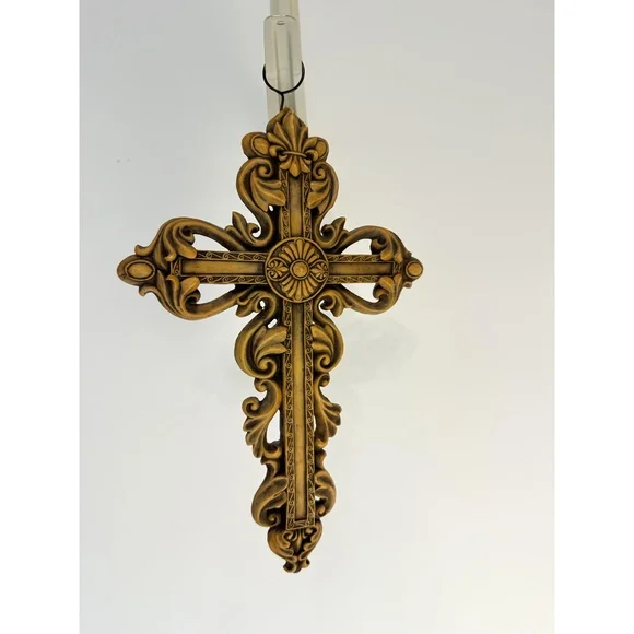 Ornate Gold Decorative Floral Fleur-de- lis Hanging Hook Baroque Wall Cross - Picture 1 of 13